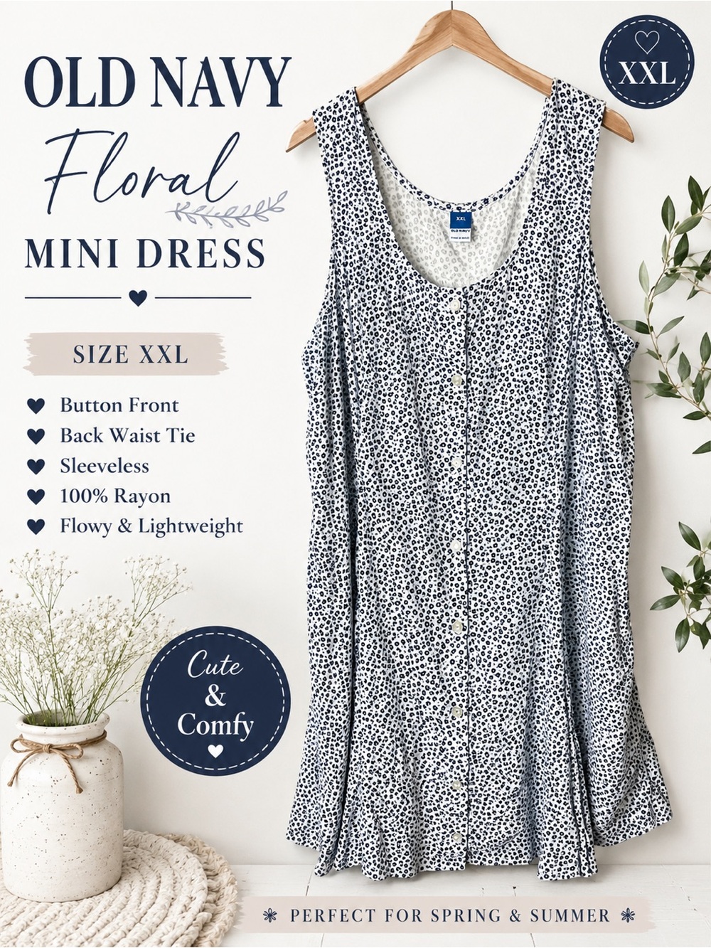 Old Navy Navy and White Floral Button-Front Dress